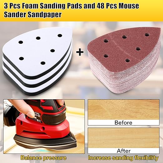 3 Pcs 6 Holes Foam Sanding Pads with 48 Pcs Mouse Sander Sandpaper in 40 60 80 120 150 180 240 320 Grits, Mouse Detail Sanding Interface Pad Compatible with Ryobi Sander