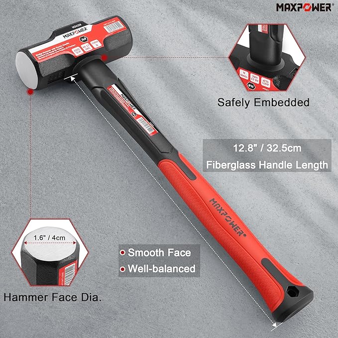 MAXPOWER 3lb Sledge Hammer, Drop forged Steel Head, 12.8 inch Fiberglass Handle Shock-Resistant