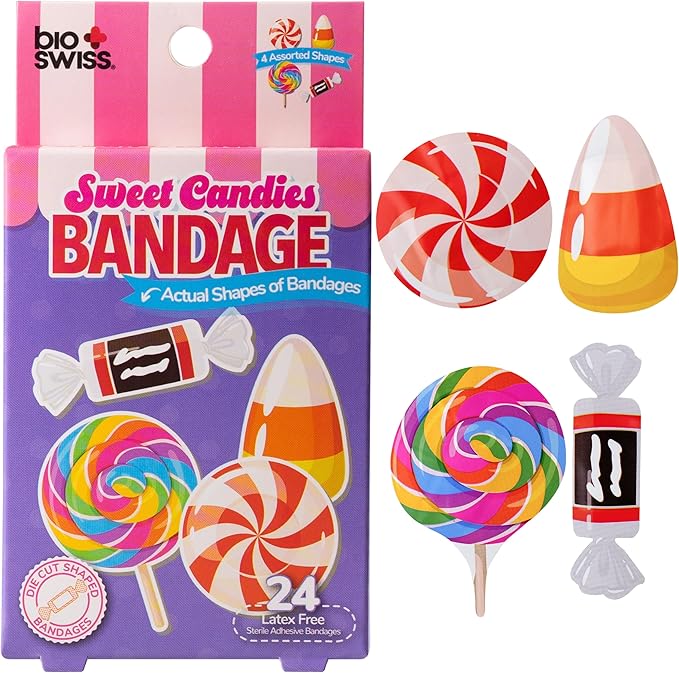 BioSwiss Bandages, Sweet Candies Shaped Self Adhesive Bandage Set, Latex Free, Sterile Wound Care, 24 Count