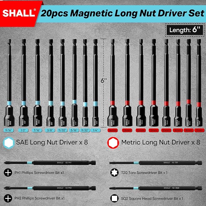 SHALL 20PCS Magnetic Nut Driver Set, 6??Long Nut Drivers for Impact Drill, SAE & Metric 1/4??Hex Shank Nut Driver Bit & Impact Drill Driver Bit w/Power Screwdriver Bits PH1/PH2/SQ2/T20, Storage Bag