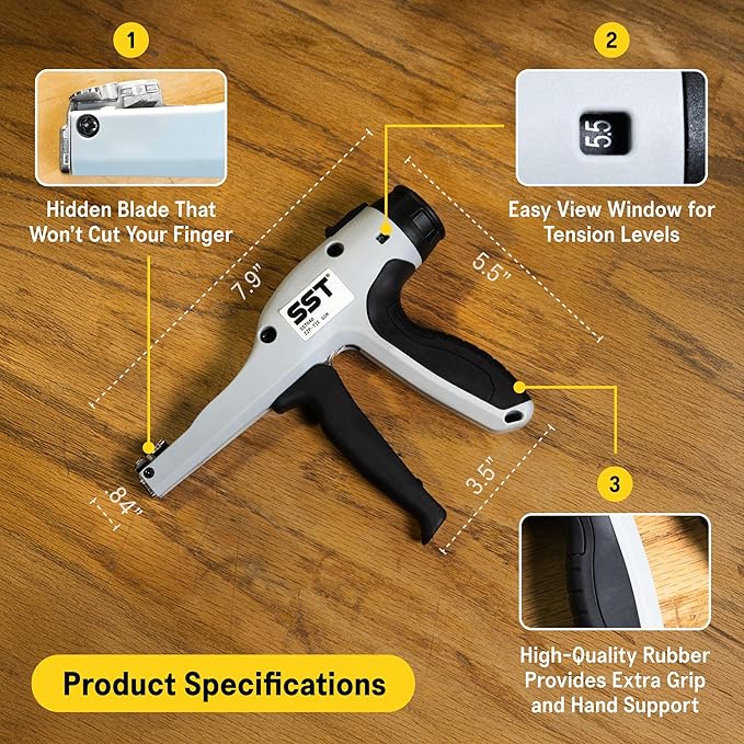 SST - Zip Tie Gun - Maneuver Through Tight & Awkward Spots With Precision - Compatible With All Standard Zip Tie Sizes - Exact Level of Tension - Securely Tighten & Trim Cleanly - Designed in the USA
