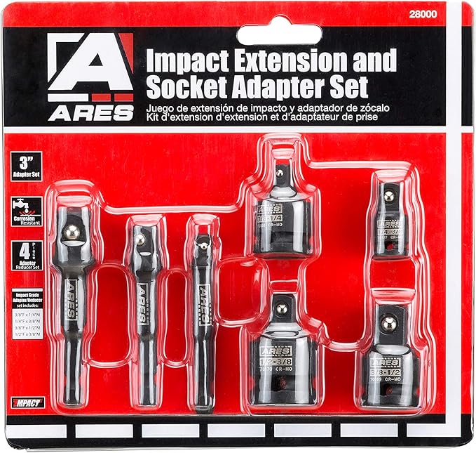 ARES 28000 - Impact 3-Inch Extension and Socket Adapter Set - Includes 3-Inch Extensions in 1/4-Inch Drive, 3/8-Inch Drive, and 1/2-Inch Drive, 2 Adapters, and 2 Reducers …