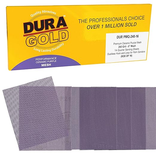 Dura-Gold Premium 240 Grit 1/4 Sheet Size Purple Ceramic Mesh Sandpaper, Box of 16-4.5" x 5.5" Dustless Hook & Loop Backing, Palm Sanders, Sanding Blocks - Long-Lasting Fast Cut - Woodworking, Auto