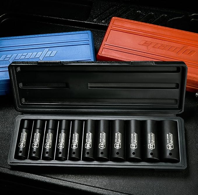 EPAuto 1/2-Inch Drive Metric Deep Impact Socket Set, Cr-V, 6 Points, 11 Sockets