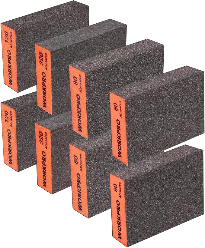 WORKPRO Sanding Sponge, 8 Pack Wet and Dry Dual-use Sanding Block, 60/80/120/220 Grit Assortment, Reusable Sandpaper Block for Wood, Metal, and Drywall