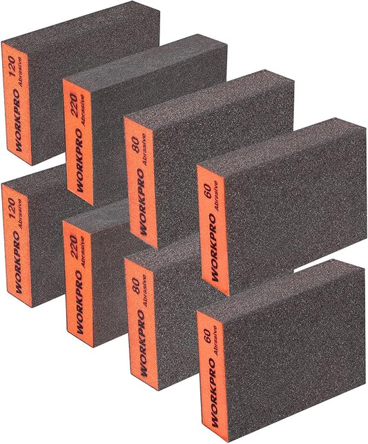 WORKPRO Sanding Sponge, 8 Pack Wet and Dry Dual-use Sanding Block, 60/80/120/220 Grit Assortment, Reusable Sandpaper Block for Wood, Metal, and Drywall