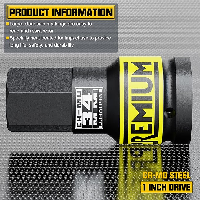 1" Drive H34 Impact Hex Bit Socket, 34 mm Allen Bit Socket, Metric, Cr-Mo Steel, Truck Repair and Equipment Maintenance