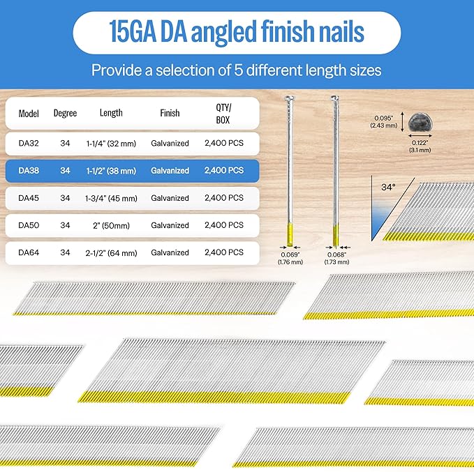 meite 15 Gauge Angled Finish Nails 1-1/2 Inch 34 Degree Nails for Pneumatic Electric Finish Nailer Gun, Galvanized No-Rust Finishing Nail for Cabinet Crown Baseboard Door Trim, DA Series 2,400 PCS