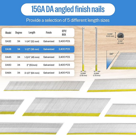 meite 15 Gauge Angled Finish Nails 1-1/2 Inch 34 Degree Nails for Pneumatic Electric Finish Nailer Gun, Galvanized No-Rust Finishing Nail for Cabinet Crown Baseboard Door Trim, DA Series 2,400 PCS