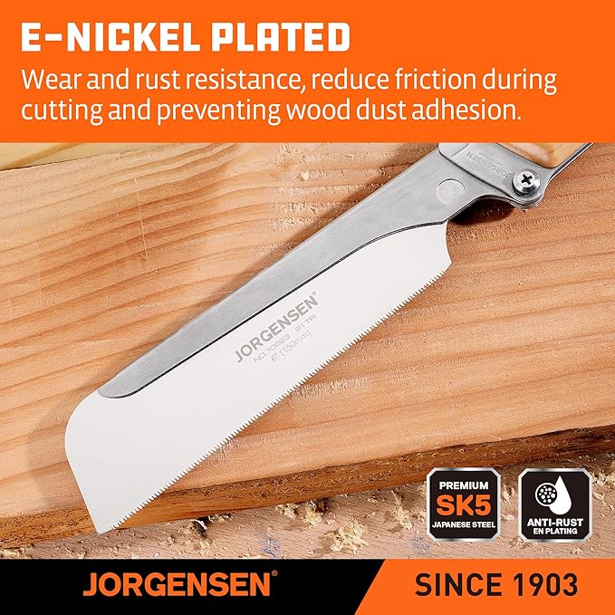JORGENSEN Japanese Pull Saw, 6 Inch Pro Folding Dovetail Saw with Beech Wood Long handle, SK5 Steel Blade Tool-less Quick Change, 21TPI Cross Cut Woodworking Handsaw for Hardwood, Softwood