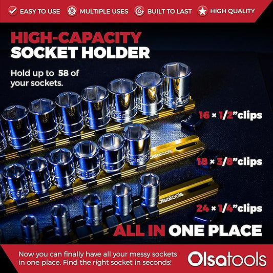 Olsa Tools Aluminum Socket Organizer, 3pc Set - Yellow Socket Holder Kit 1/2-Inch, 3/8-Inch, and 1/4-Inch Drive - Holds 58 Chrome or Impact Sockets - Professional Grade Socket Rails - Part: 1110