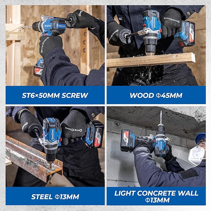 Dong Cheng 20V Brushless Hammer Drill, 1062 in-lbs, 1/2" Keyless Metal Chuck, 24+1+1 Clutch, Cordless Hammer Drill with 4.0Ah Battery Kit for Drilling Brick Wall, Metal, Wood