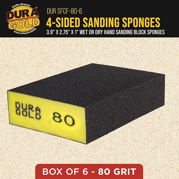 Dura-Gold 80 Grit 4-Sided Hand Sanding Block Sponges, Box of 6 - Performance Flex 3.9" x 2.75" x 1" Wet or Dry Flexible Sandpaper Abrasive Brick Pads, Reusable - Sand Wood, Drywall, Metal, Auto Paint
