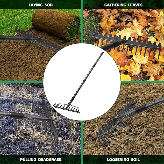 63'' Bow Rake 竊?7 Tines Metal Head Rakes with Stainless Steel Handle竊똇eavy Duty Garden Rake for Loosening Soil Gathering Leaf Leveling Lawn Farming Land Management Yarn Thatch Rake