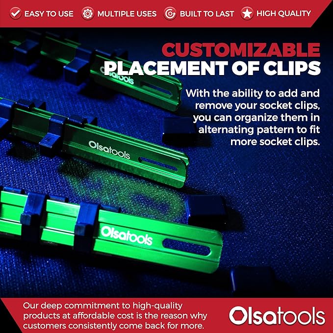 Olsa Tools Aluminum Socket Organizer, 3pc Set - Green Socket Holder Kit 1/2-Inch, 3/8-Inch, and 1/4-Inch Drive - Holds 58 Chrome or Impact Sockets - Professional Grade Socket Rails - Part: 1102