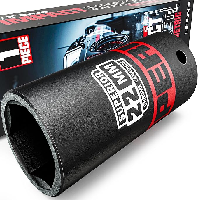 1/2" Drive Impact Socket, 22 mm Deep Socket, Metric, 6 Point, CR-V, for Automotive Maintaince, Mechanical Equipment Maintaince