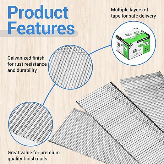 meite 16 Gauge Finish Nails, 2-1/4-Inch Galvanized 16 Gauge Brad Nails, Small Straight Finishing Nail for 16 Gauge Finish Nailer Guns (1 Case)