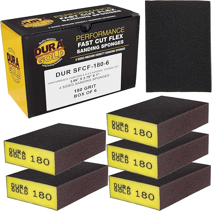 Dura-Gold 180 Grit 4-Sided Hand Sanding Block Sponges, Box of 6 - Performance Flex 3.9" x 2.75" x 1" Wet or Dry Flexible Sandpaper Abrasive Brick Pads, Reusable - Sand Wood, Drywall, Metal, Auto Paint