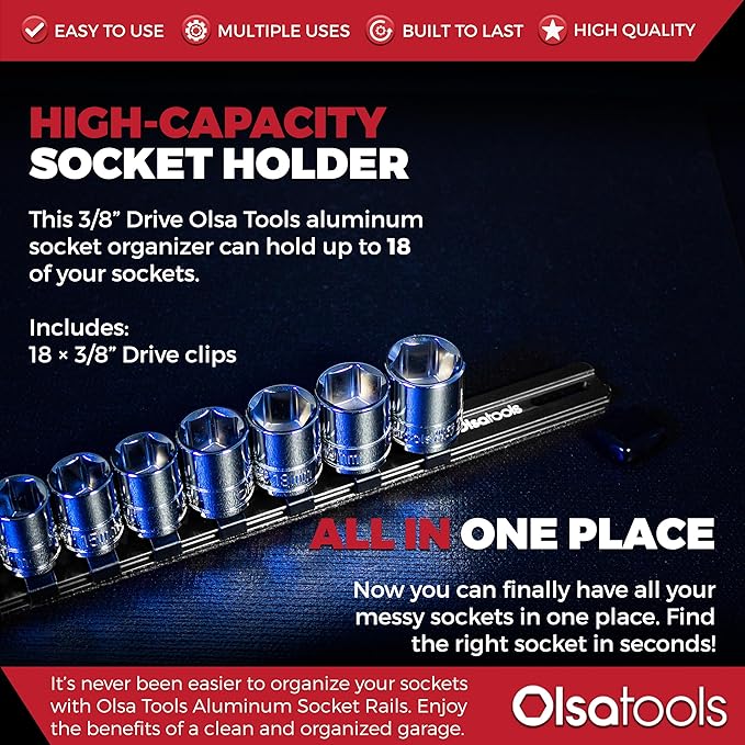 Olsa Tools Socket Organizer - 3/8-Inch Drive Black Holder - Stores 18 Chrome or Impact Sockets - Durable Rail Storage for Mechanics - Professional Grade Metric or SAE Socket Organizer - Part 1021