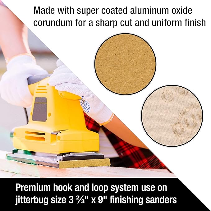 Dura-Gold Premium 1/3 Sheet Gold Sandpaper Sheets, 60 Grit (Box of 16) - 3-2/3" x 9" Size Hook & Loop Backing, Wood Furniture Woodworking, Auto Paint - Jitterbug Sanders, Clip-On, Hand Sanding Blocks