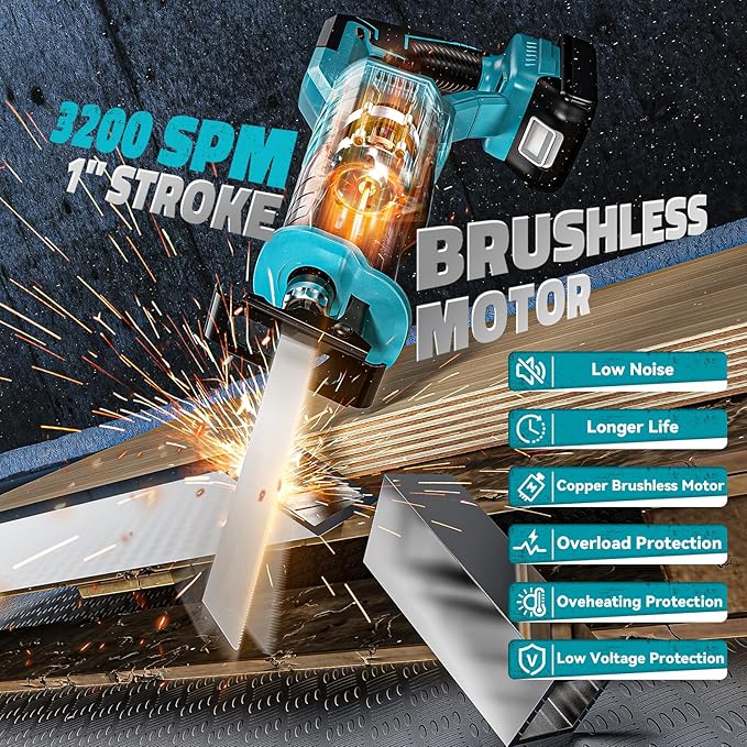 Cordless Reciprocating Saw Compatible with Makita 18V Battery, Variable Speed 1" Stroke Length,3200 SPM, Toolless Blade Change, 4 Saw Blades for Metal Wood PVC Cutting Tool Only