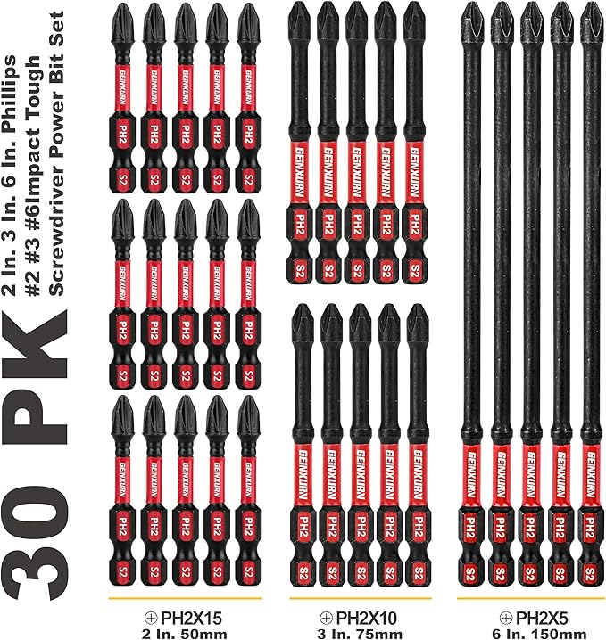Impact Tough #2 Phillips Mixed 2/3/6 in. D2 Steel Long Extension Insert Driver Bits,30Pack 1/4 Inch Hex Shank Long Cross Magnetic PH2 Screwdriver Bits Set