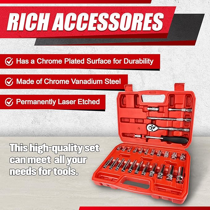 28pcs 1/4" Drive Impact Socket Set,Drive Master Socket Set,SAE, Deep&Shallow with Universal Joint,Extension bar,Ratchet Wrench,Hex Bit Holder,Spinner Handle,6 Point,CR-V Steel,Mirror Chrome