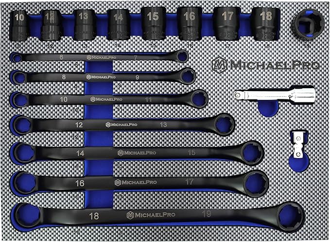 MichaelPro 18-Piece Bolt Extractor Wrench and Socket Set, 45째 Offset Wrenches Metric 6-19mm, 6-Point Box End Nut for Rounded, Stripped & Thin Bolts Removal, CR-V Steel, Extractor Sockets 10-19mm