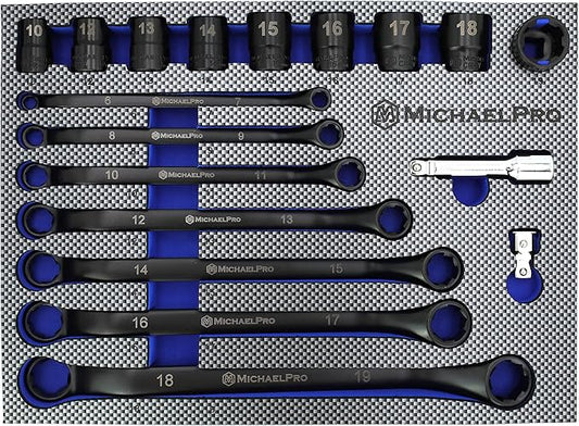 MichaelPro 18-Piece Bolt Extractor Wrench and Socket Set, 45째 Offset Wrenches Metric 6-19mm, 6-Point Box End Nut for Rounded, Stripped & Thin Bolts Removal, CR-V Steel, Extractor Sockets 10-19mm