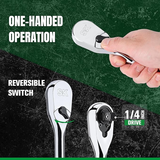 SK 1/4" Drive Ratchet Handle, Pear Head, 90-Tooth Ratchet, Alloy Steel, with Contoured Handle