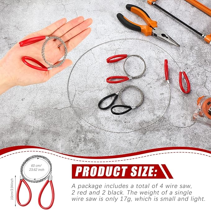 4 Pcs Stainless Steel Cable Saw, Metal Wire Saw Hand Pocket String Emergency Survival Rope Cutting Tools PVC Pipe Cutting Tool for Wood Camping Hiking Hunting, 23.62 Inch(Red and Black)