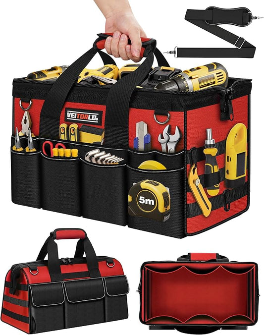 16-Inch Heavy Duty Tool Bag, 19-Pockets Tool Box Organizer, Portable Toolbag W/Soft Handle for Organized Storage, Mechanic Gifts for Him Men Husband Valentines Day, Wide Mouth Electrician Toolbox, Red