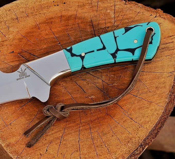 Stainless Steel Lineman's Hawkbill Knife, Fixed Blade Full Tang, Turquoise Handle with Leather Sheath