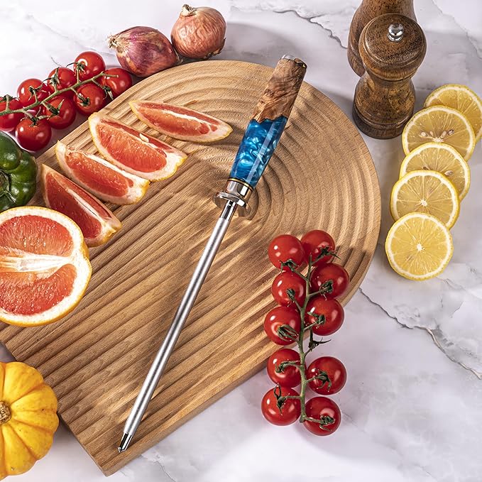 Executive 8-Inch Diamond Sharpening Rod | Blue Resin & Stabilized Wood Handle | Professional Knife Sharpening