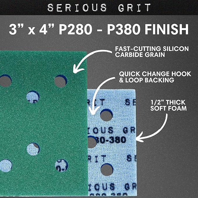 Serious Grit - 3" x 4" Foam Abrasive 280-380 Finish Sanding Pads - Fits Surfprep, Uneeda Ekasand, & Mirka - 1/2" Thick Soft Foam Hook & Loop Sandpaper Pads for 3x4 Sanders - Made in USA - 10 Per Box