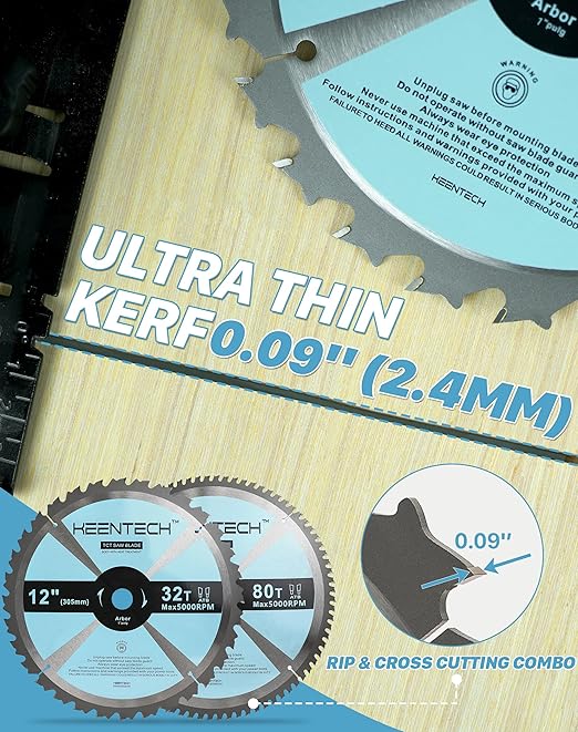 KEENTECH 12 Inch Woodworking Miter Saw Blade 32T / 80T Combo 2-Pack, Tungsten Carbide Tipped, ATAF Grind, 1 Inch Bore
