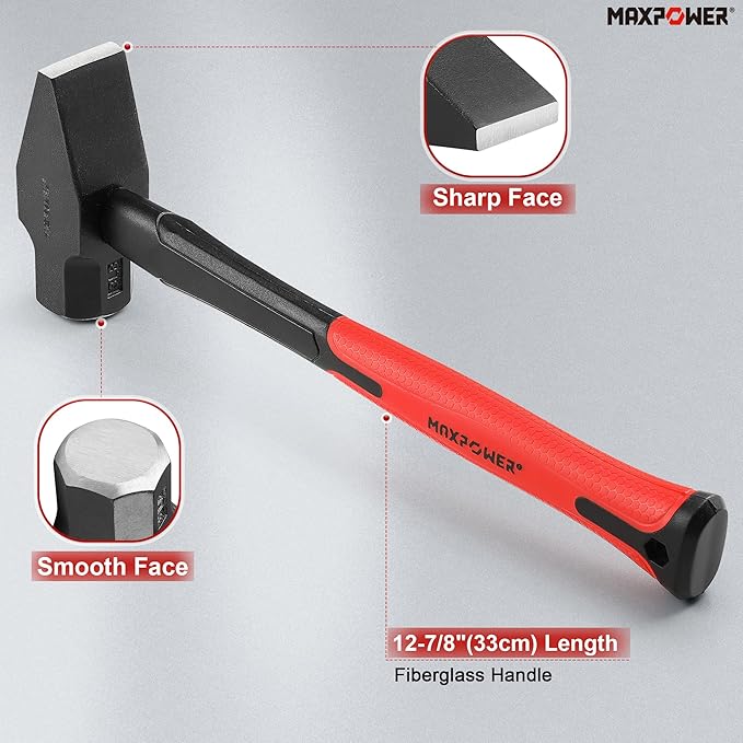 MAXPOWER 3LB Cross Pein Hammer, with 12-7/8" Fiberglass Handle, Drop Forged Steel Head
