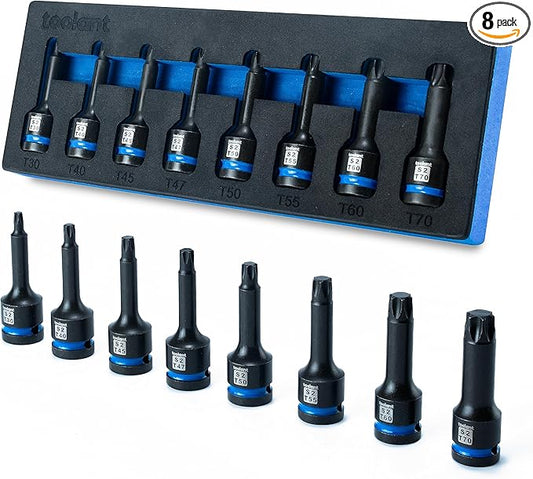 toolant Impact Torx Bit Socket Set 8pcs(T30-T70),1/2" S2 Steel Air Drive Star Sockets, High Impact Bits,Professional Mechanic & Automotive Repair Socket Set
