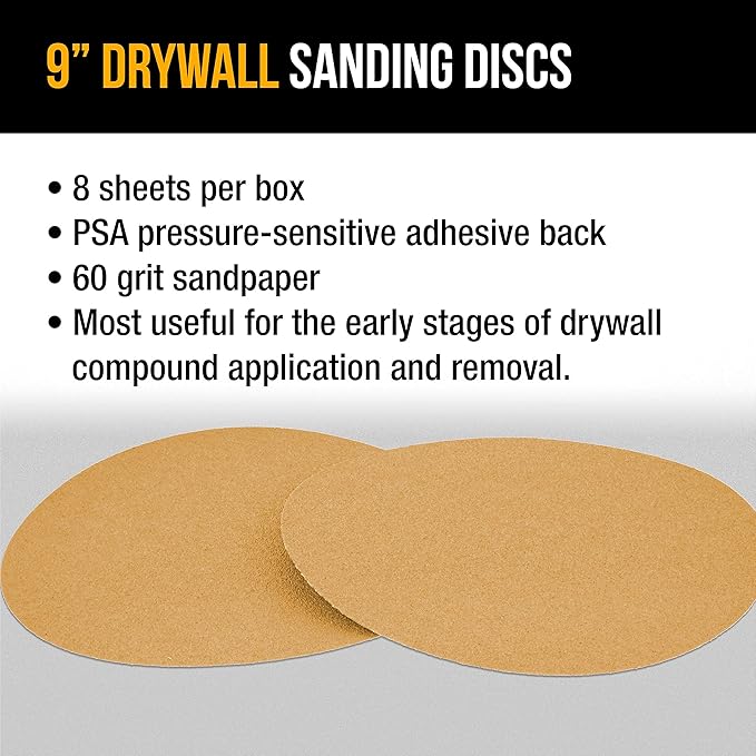 Dura-Gold Premium 9" Drywall Sanding Discs - 60 Grit (Box of 8) - Sandpaper Discs with PSA Self Adhesive Stickyback, High-Performance Fast Cutting Aluminum Oxide Abrasive - for Drywall Power Sander