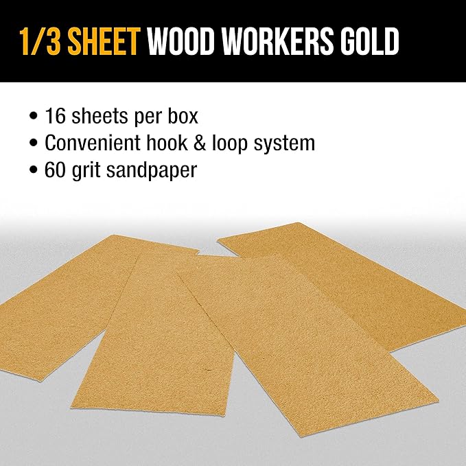 Dura-Gold Premium 1/3 Sheet Gold Sandpaper Sheets, 60 Grit (Box of 16) - 3-2/3" x 9" Size Hook & Loop Backing, Wood Furniture Woodworking, Auto Paint - Jitterbug Sanders, Clip-On, Hand Sanding Blocks