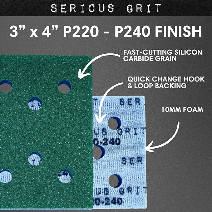 Serious Grit - 3" x 4" Foam Sanding Pads - P220-280 Fine Finish Grit - 10mm Medium Density Foam - Hook & Loop Backing - Fits SurfPrep, Uneeda Ekasand & Mirka 3x4 Sanders ??Made in USA ??10 Pack