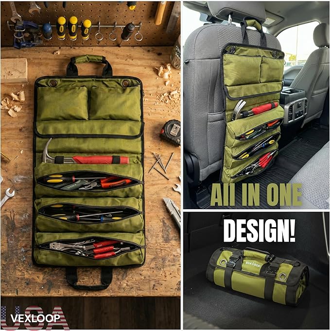 Tool Roll Bag Organizer Aluminium Buckle Heavy Duty | 1680D Oxford Mechanic Wrench Pouch for Truck & Car | Overland Gear Storage for Truck & Jeep | Roll Up Tool Bag Organizer (Green color)