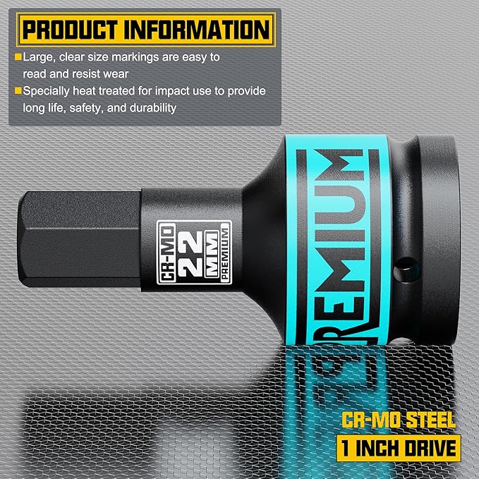 1" Drive H22 Impact Hex Bit Socket, 22 mm Allen Bit Socket, Metric, Cr-Mo Steel, Truck Repair and Equipment Maintenance