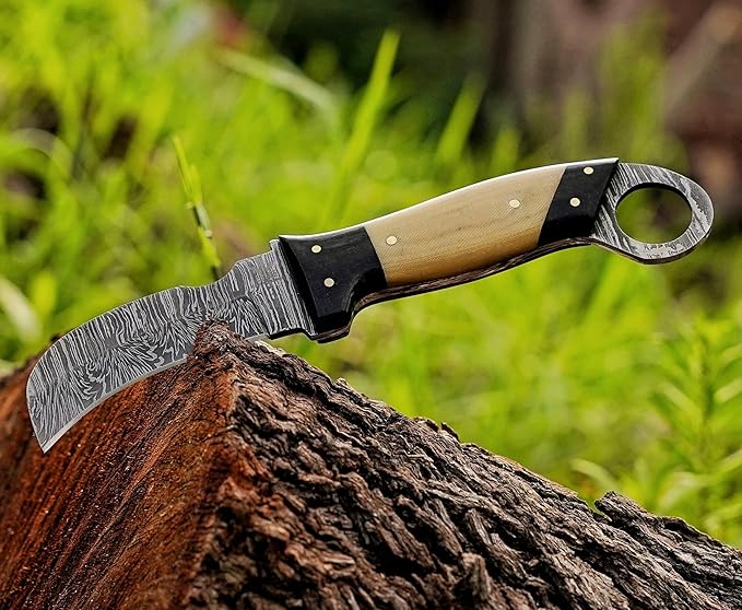 Handmade Damascus Steel Hawkbill Knife with Leather Sheath, Professional Lineman's Utility Blade for Wire Skinning, (G10)