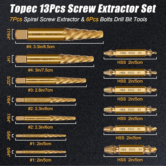 TOPEC Small Screw Extractor Set, 13 PCS Stripped Screw Removal Tool, HSS 6542 Easy Out Kit for Damaged, Broken Fasteners, Gifts for Men (Golden)