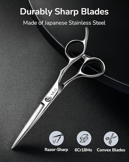 ULG Professional Hair Cutting Scissors 6.5 Inch ??Japanese Stainless Steel Barber Shears for Salon & Home Haircut, Ergonomic Offset Handles with Silencer, Hand-Honed Sharp Blades, Silver