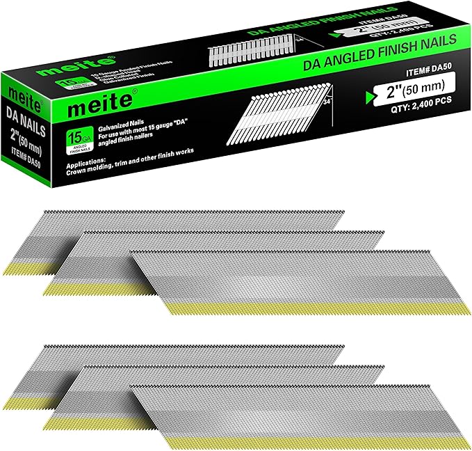 meite 15 Gauge Angled Finish Nails 2 Inch 34 Degree Nails for Pneumatic Electric Finish Nailer Gun, Galvanized No-Rust Finishing Nail for Cabinet Crown Baseboard Door Trim, DA Series 2,400 PCS