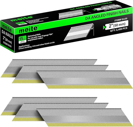 meite 15 Gauge Angled Finish Nails 2 Inch 34 Degree Nails for Pneumatic Electric Finish Nailer Gun, Galvanized No-Rust Finishing Nail for Cabinet Crown Baseboard Door Trim, DA Series 2,400 PCS