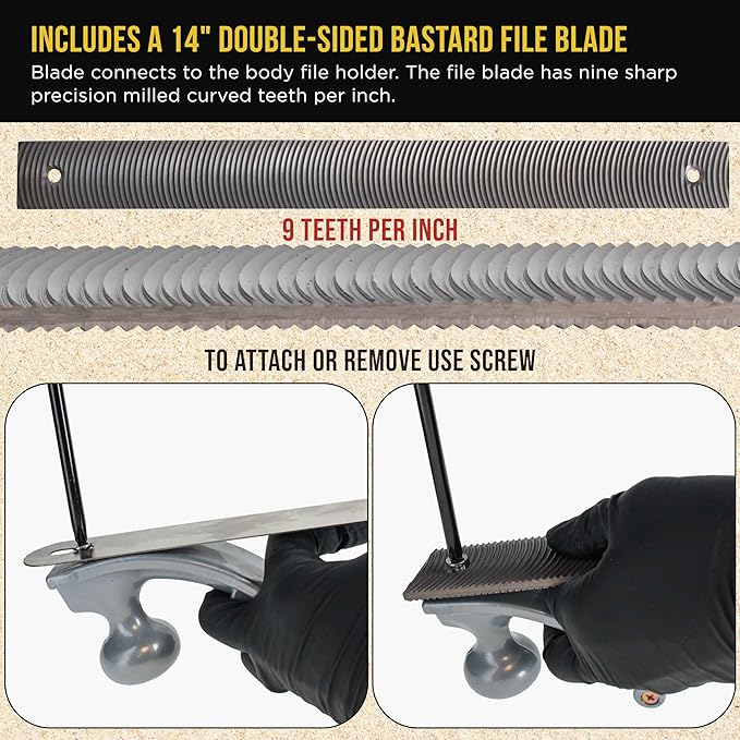 Dura-Gold Adjustable Flexible Body File Holder with 14" Double-Sided Bastard File Blade, 9 Teeth Per Inch - Adjusts to Curved Convex or Concave for Shaping, Smoothing, and Filing Contoured Surfaces