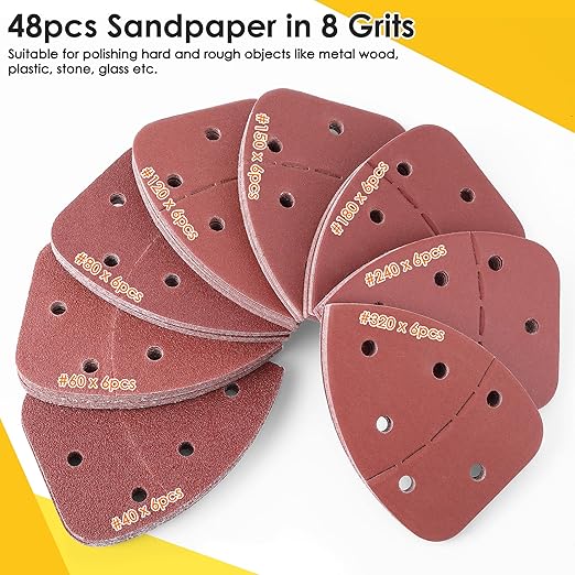 3 Pcs 6 Holes Foam Sanding Pads with 48 Pcs Mouse Sander Sandpaper in 40 60 80 120 150 180 240 320 Grits, Mouse Detail Sanding Interface Pad Compatible with Ryobi Sander
